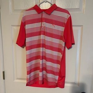 Men’s large white and bright pink Puma golf shirt